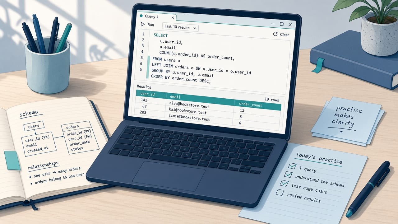 A desk with a laptop open to a SQL practice session